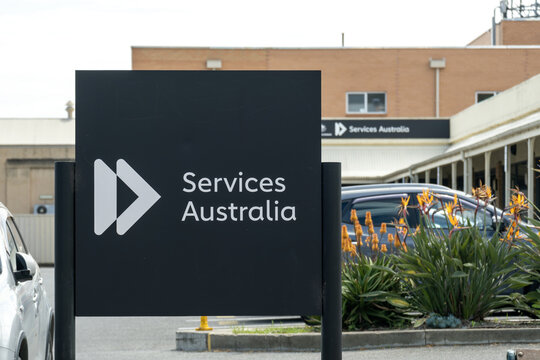 A sign displaying  "Services Australia" logo outside a government service centre&nbsp;in Adelaide, South Australia. It's an Australian Government agency delivering a range of welfare, health, child support