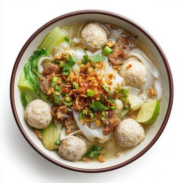 Burmese Thingyan kyay oh rice noodle soup with pork fish  isolated on a white background