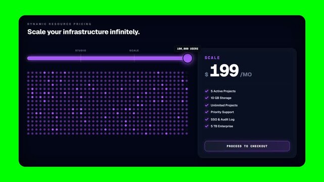 Revolutionary 4K interactive pricing scaler. Features a massive sweeping usage slider, a real-time reactive nodes matrix, and dynamically morphing pricing tiers over a clean green screen.