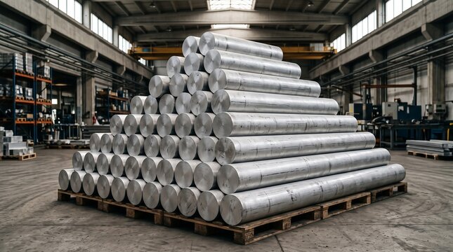 Aluminium Billets Warehouse With A Pyramid Stack On Wooden Pallets Under An Overhead Crane, Racks Of Metal Stock And Clerestory Daylight