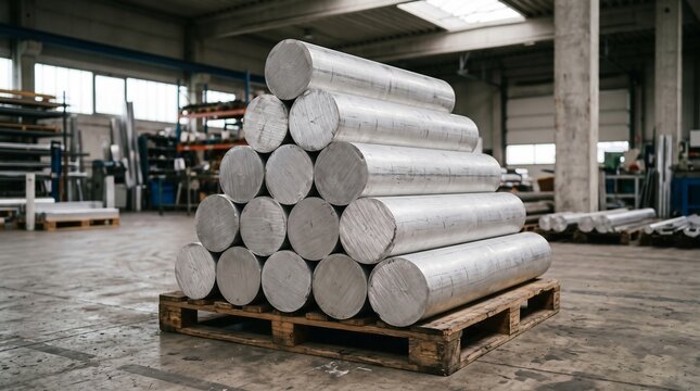 Aluminium Billets Stacked In A Pyramid On A Pallet At A Stockholder