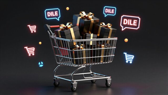 Shopping cart filled with black gift boxes, neon DILE signs and emojis float around.