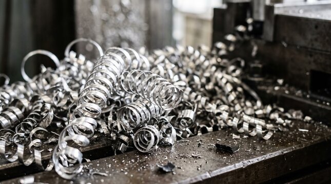 Metal Shavings Machine Shop Close Up Of Curly Aluminium Turnings