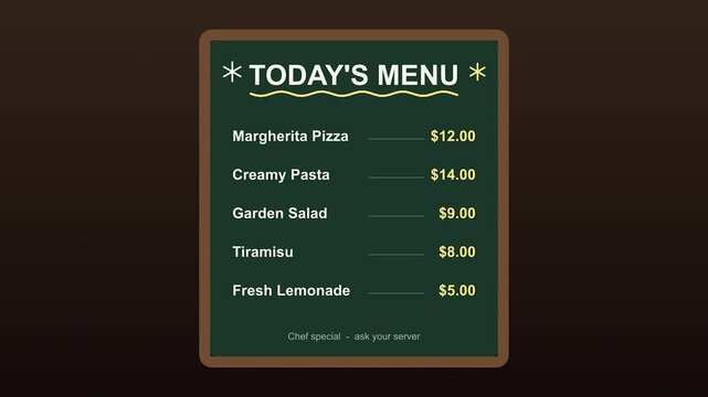 Animated blackboard menu showing daily specials and prices with motion graphics design for restaurant displays