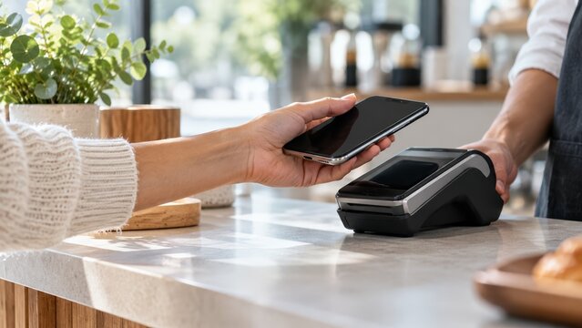 Customer making contactless payment with smartphone at coffee shop counter using nfc reader terminal technology system