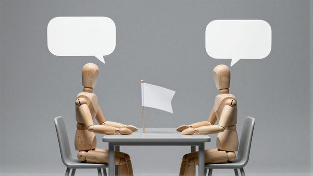 Two wooden figures sit at a table, facing each other with speech bubbles above their heads.