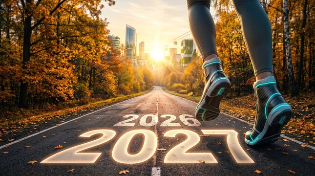 Running Toward 2027 on Autumn Road at Sunrise, New Year Fitness and Motivation Concept