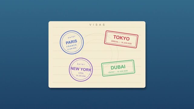 Animated paper page showing stamps from world cities including Paris Tokyo New York Dubai for a global travel tour