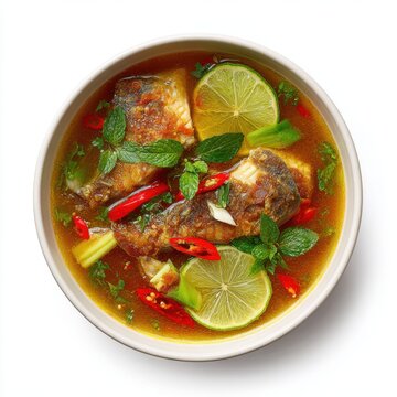 Burmese Thingyan mont hin gar spicy fish soup  isolated on a white background