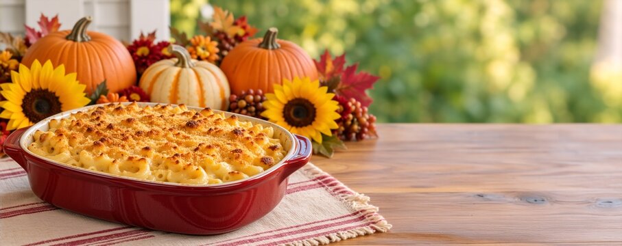 Baked macaroni and cheese in a red casserole dish on a wooden table. Thanksgiving holiday side dish with pumpkins and sunflowers. Copy space for text