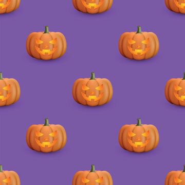 Halloween Pumpkin Seamless Pattern, Vector Illustration. Orange Pumpkin with Jack O Lantern Face on Purple Background. Pumpkin Repeat for Halloween Wallpaper, Fabric, Wrapping Paper, Textile