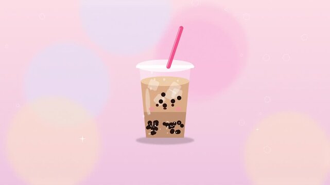 Boba milk tea illustration cup with pink straw and bubbles on a soft pastel background with animated bokeh