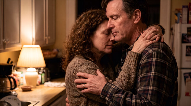 Mature couple embracing affectionately in a cozy home kitchen