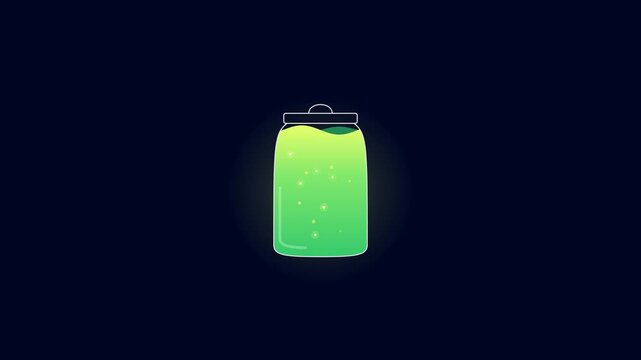 Glowing firefly glass jar filling with green neon liquid loop on dark background