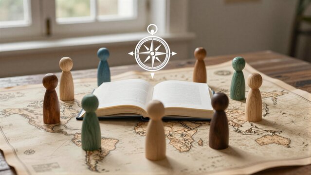 Wooden figures gather 'round map and book, compass above, symbolizing guided exploration.