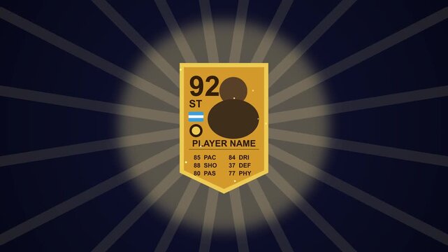 Digital football trading card pack opening animation with golden player reveal on dark gradient motion background