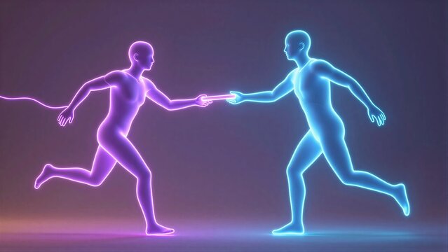 Two glowing figures race, passing a baton in neon light against dark backdrop.