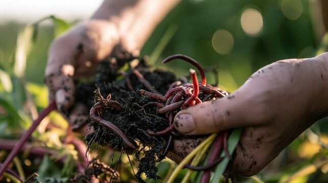 Hands holding earthworms and soil with plant roots