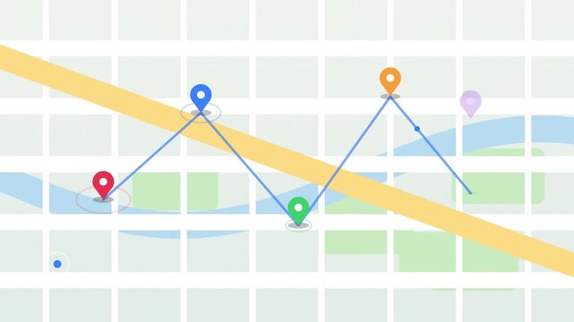 Digital line graph mapping path across city map showing location pins popping up on abstract flat grid background