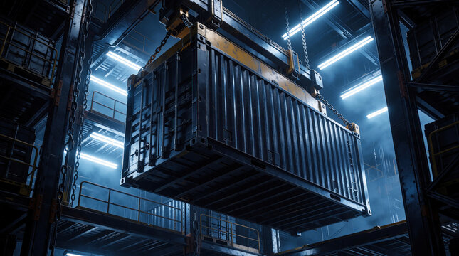 Large metal shipping container suspended by heavy chains in dark industrial warehouse. Automated crane lifting cargo for logistics. Futuristic factory interior with blue light, steel structures,