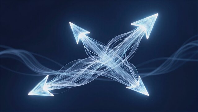 Four glowing arrows converge, symbolizing interconnected directions and dynamic movement.