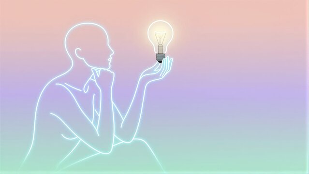 Silhouette holds glowing lightbulb, symbolizing inspiration against soft gradient background.