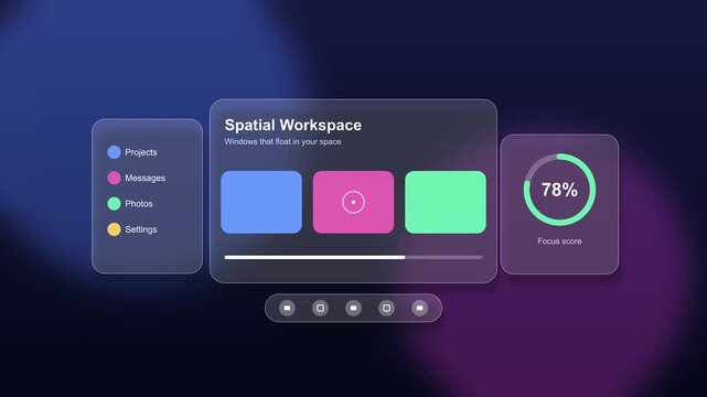 Interactive spatial workspace interface showing transparent holographic windows with dynamic dashboard widgets