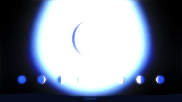 Lunar cycle animation showing moon phases changing with blue glowing light effect against deep space backdrop