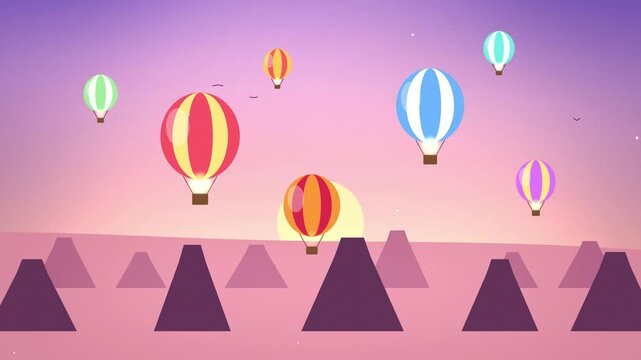 Minimalist hot air balloons floating over stylized geometric mountains during a colorful cartoon sunset