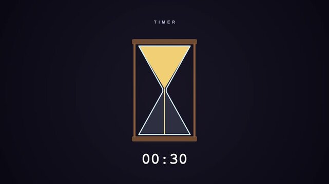 Minimalist hourglass animation tracking thirty seconds with yellow sand falling against dark background loop