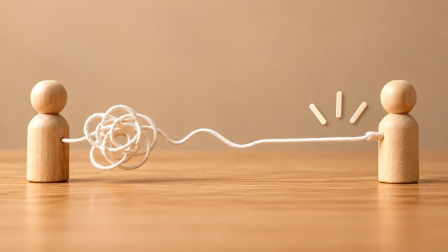 Two wooden figures connected by a string transforming from a tangled knot to a straight line representing conflict resolution and clear communication