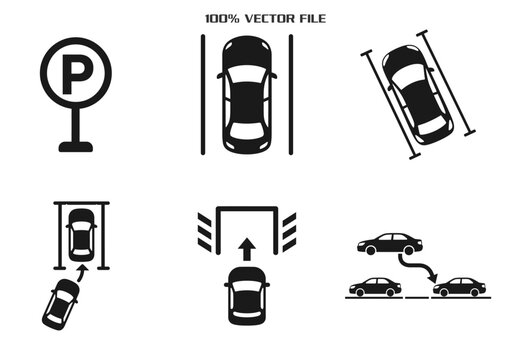 Car parking and garage navigation icons set showing vehicle maneuvers and signage.
