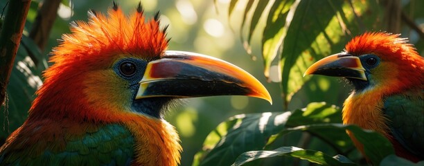 Fototapeta premium Close up of two colorful toucan birds in tropical jungle. Vibrant orange head feathers, large bright beak stand out. Exotic avian wildlife rests on green leaves in rainforest habitat. Beautiful