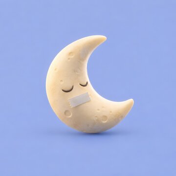 Soft crescent moon with tape smiling on periwinkle background