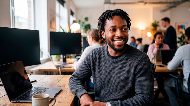 Smiling black man working in a modern office environment.