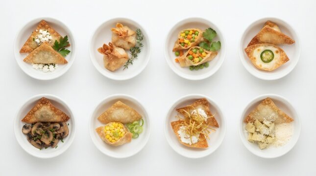 Top Down Grid Vegetable Cheese Stuffed Won Ton Variations White Background

