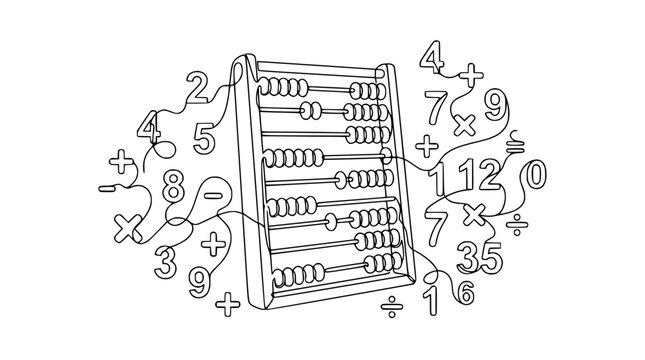 Continuous Line Drawing of Abacus and Numbers, Isolated on Transparent Background