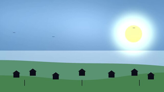 Sun and moon cycle animation showing day to night transition over small houses in scenic flat vector landscape