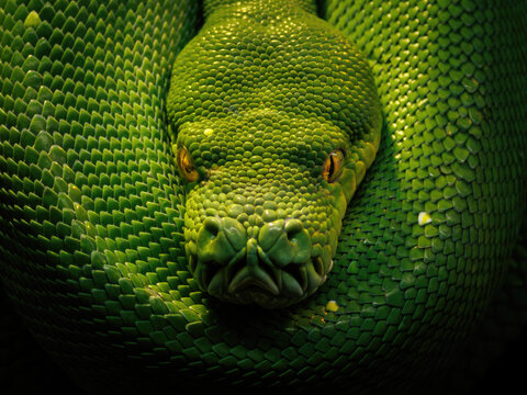 Coiled Green Tree Python Close-up