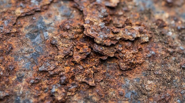 Close up macro shot of heavily rusted metal surface with flaky orange oxidation and dark rough textured corrosion
