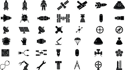 WebSpace exploration and technology icon set featuring rockets, satellites, astronauts, and engineering tools for design. © MdMotaharul