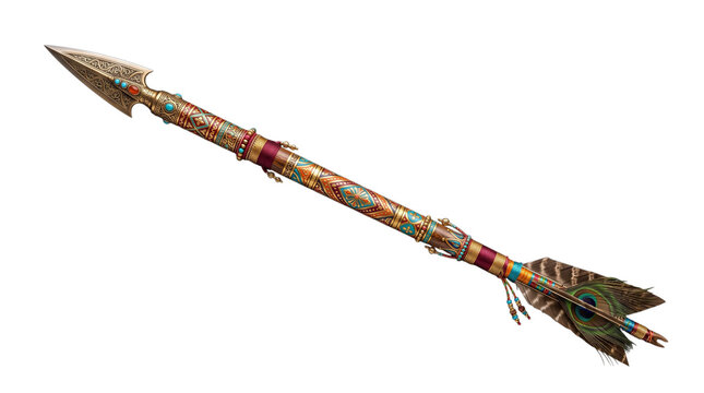 Ornate traditional arrow with peacock feathers isolated on transparent background