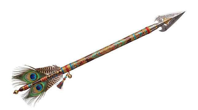 Decorative ceremonial arrow with peacock feathers isolated on transparent background