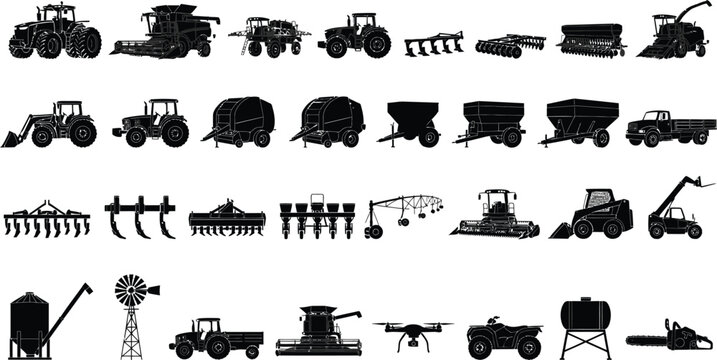 Web Set of black agriculture machinery silhouettes featuring tractors harvesters and farming equipment vector icons.