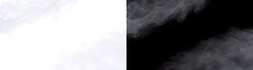 Fototapeta premium Smoke wisps curling diagonally through the top left and bottom right corners for moody scene designs in PNG, Transparent and Black Background Versions
