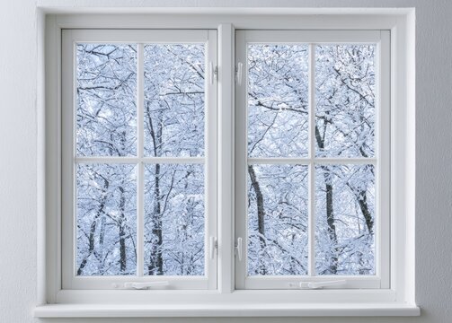Window view of a beautiful winter forest landscape with snow covered trees in a cold white season