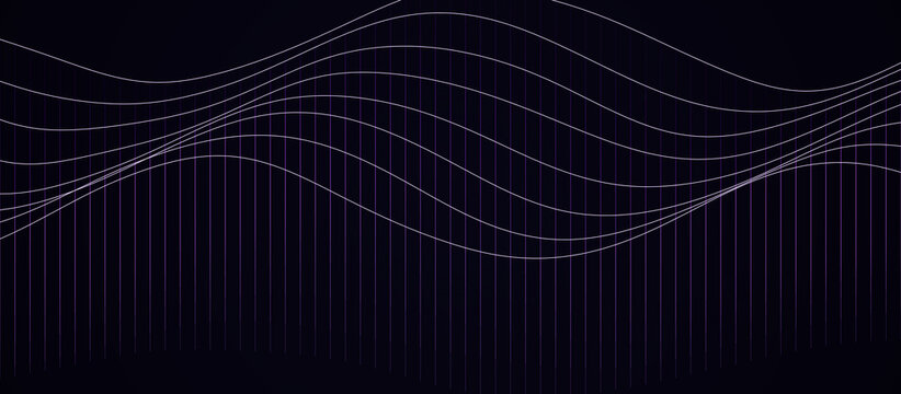 Abstract dark purple audio wave background featuring flowing sine curves, digital equalizer frequency lines, and sound spectrum grid illustration