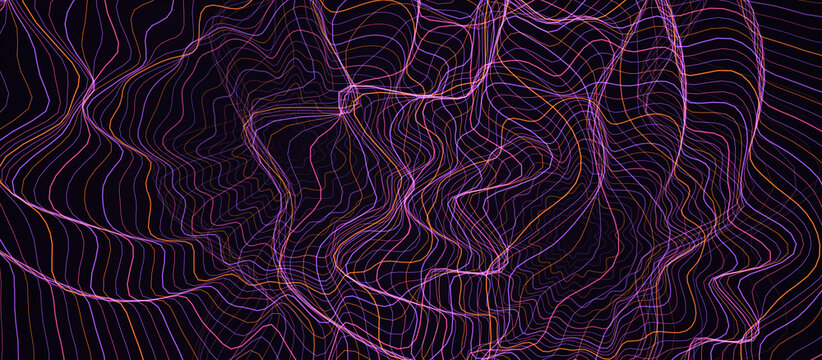 Abstract dark topographic map background featuring purple and orange contour lines, concentric elevation grid curves, and geographic terrain texture illustration