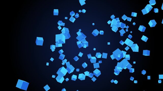 Abstract blue cubes dynamically floating in dark space with subtle glowing effect