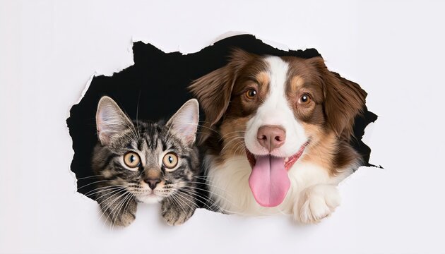 Cat and dog friends peeking through a torn hole in white paper with a black background behind them